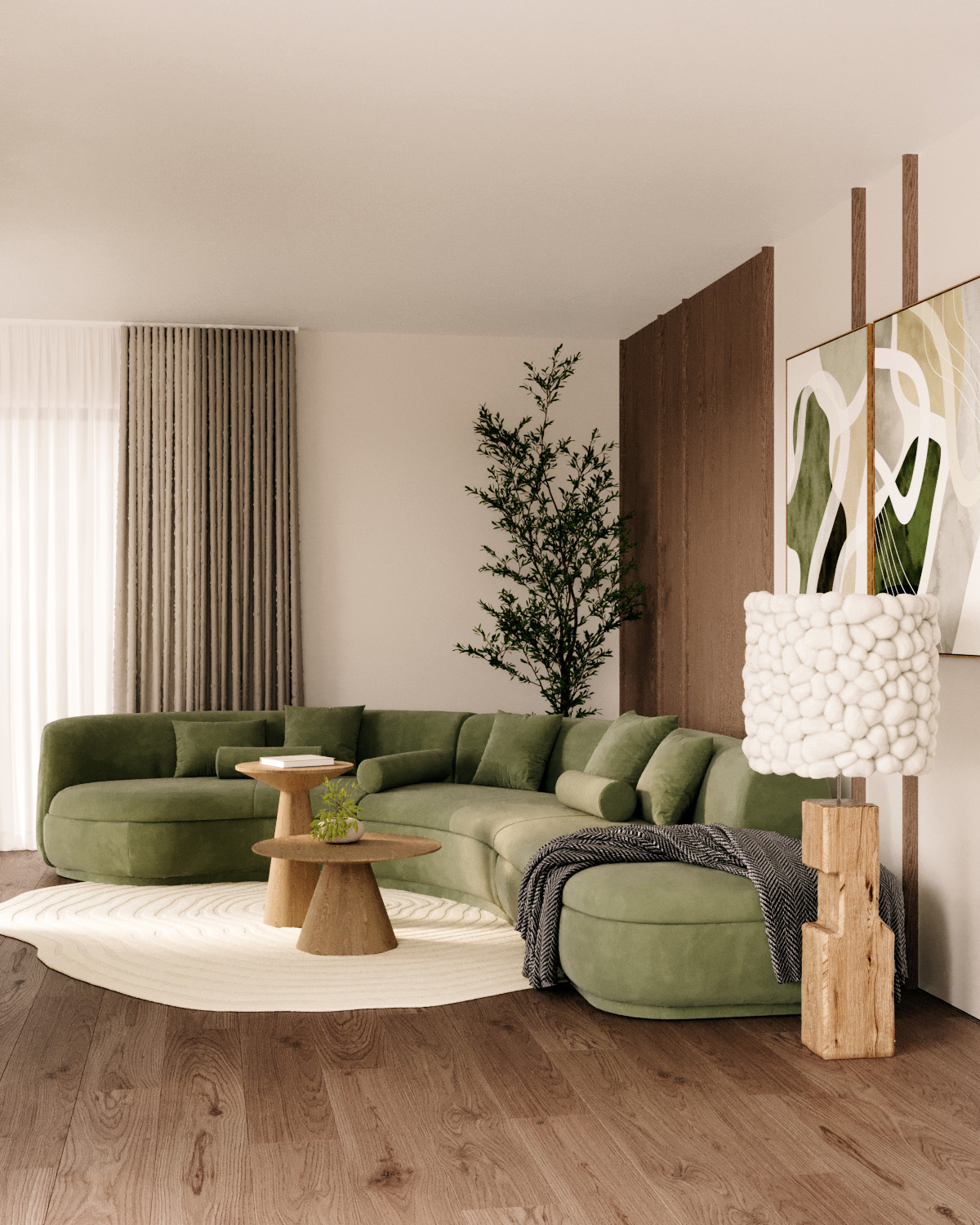 Stiligt - Ett stiligt modernt vardagsrum har en grön sektionssoffa, två träbord, en rund matta, en hög lampa och abstrakt väggkonst. En växt är elegant placerad i hörnet nära de draperade gardinerna.