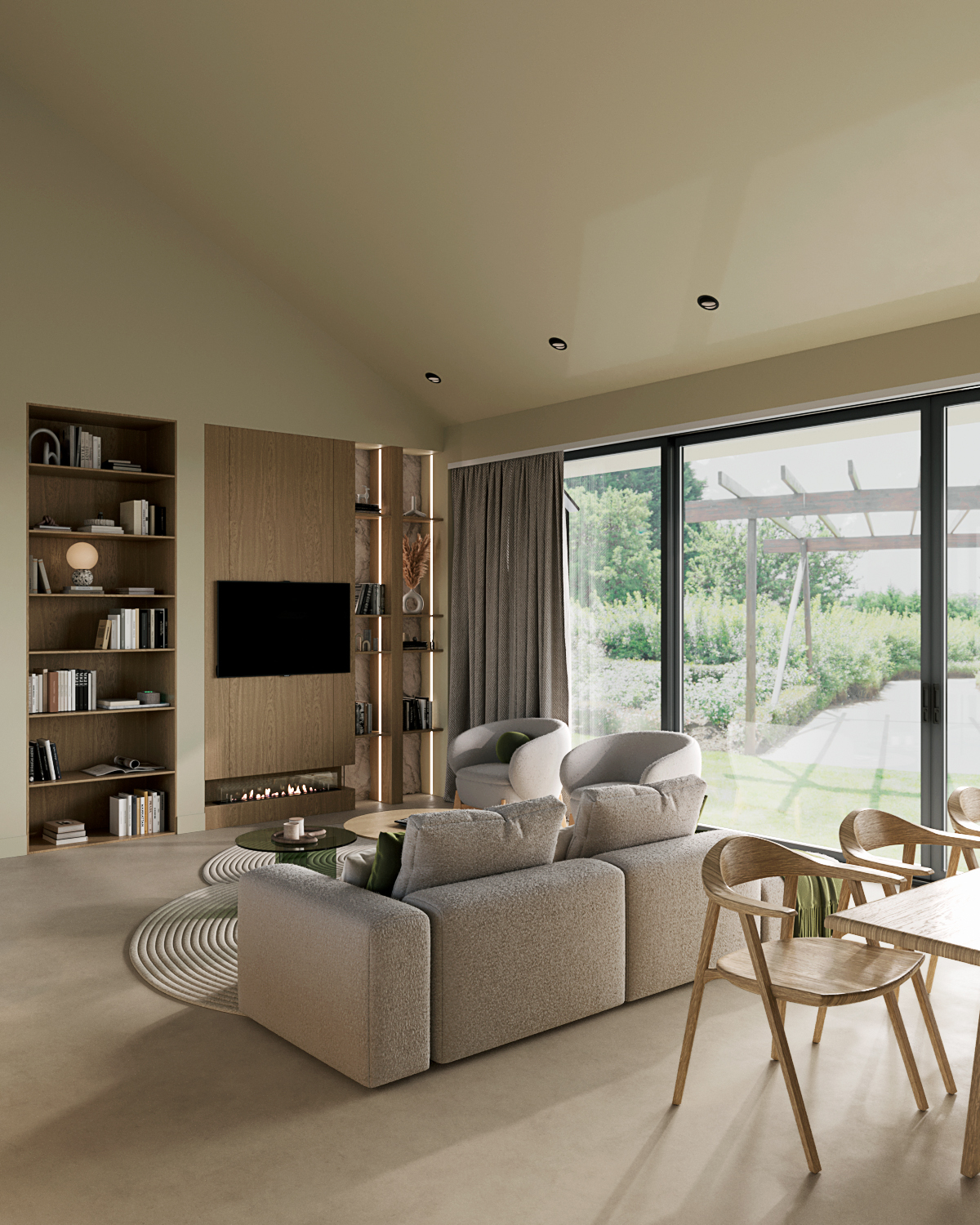Stiligt - Ett stiligt modernt vardagsrum med stora fönster, en beige soffa och stolar vid sidan av bokhyllor och en väggmonterad TV. Utomhus förhöjer frodig grönska den eleganta atmosfären.