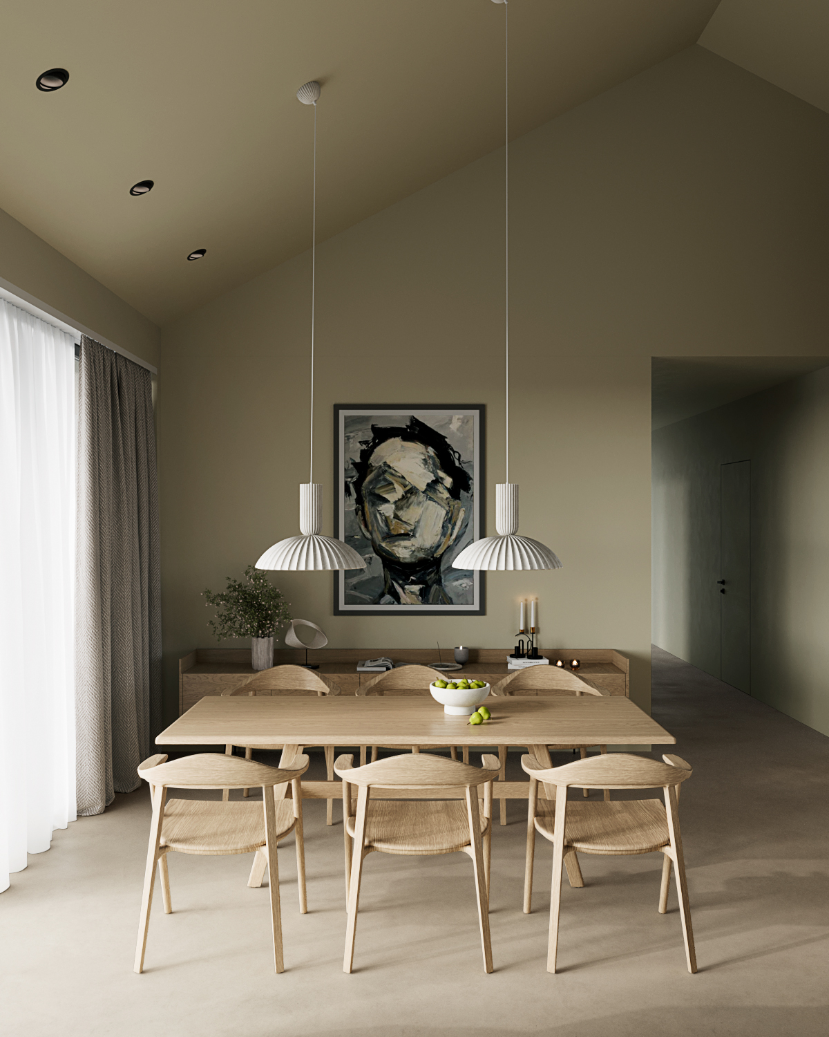 Stiligt - En stiligt minimalistisk matsal har ett träbord, sex stolar, två taklampor, abstrakt konst på väggen och ett stort fönster med gardiner.