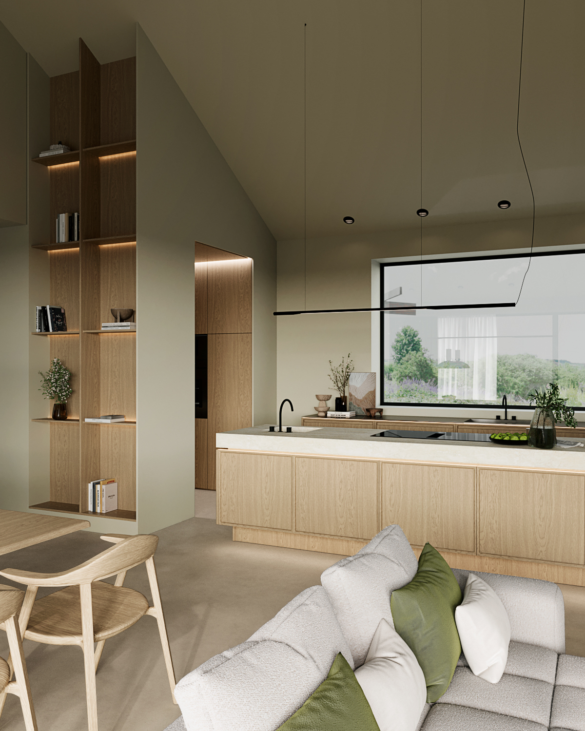 Stiligt - Modernt kök och vardagsrum med ljusa träskåp, en stor ö, öppna hyllor och ett matbord. En snygg soffa med gröna och vita kuddar kompletterar utrymmet, medan ett fönster ger en stilig utsikt över grönskan utanför.
