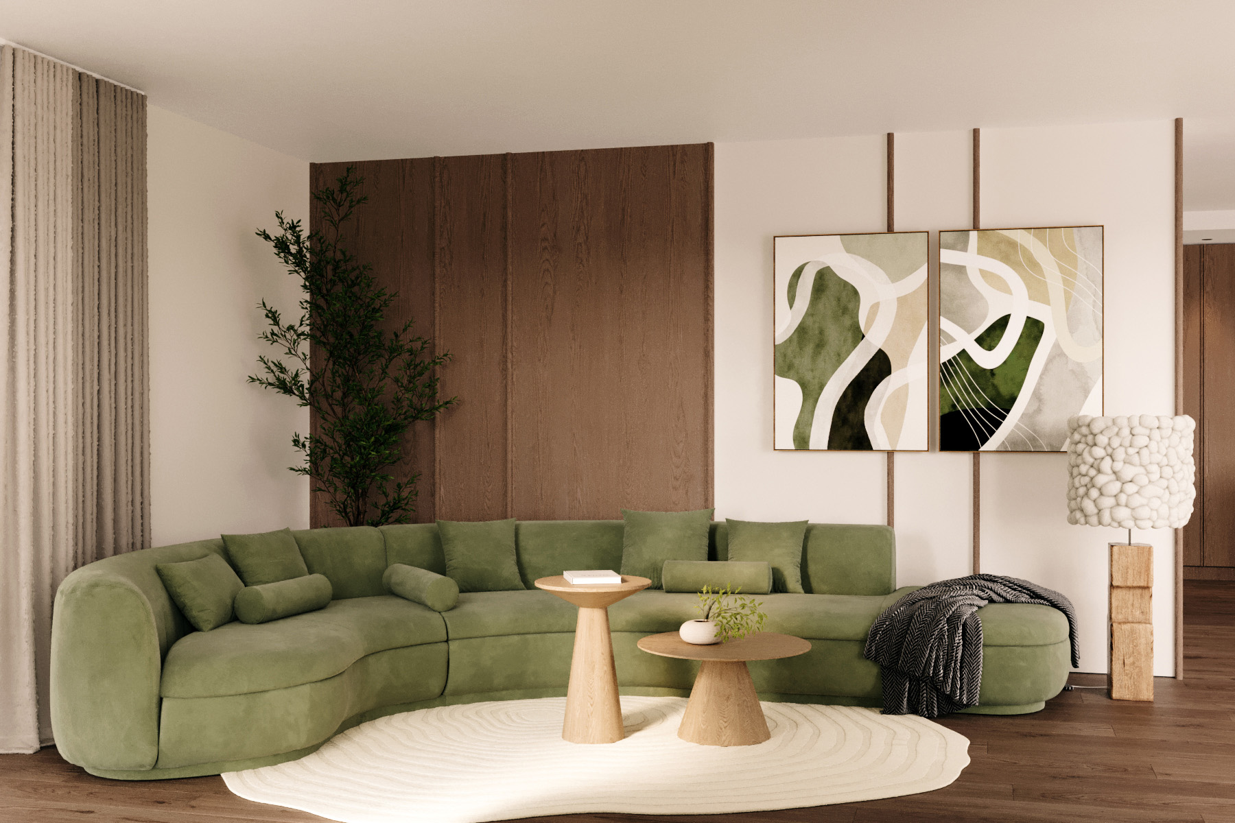 Stiligt - Ett modernt, stiligt vardagsrum med en grön sektionssoffa, två soffbord i trä, abstrakt väggkonst och en texturerad golvlampa vilande på en ljus rund matta.