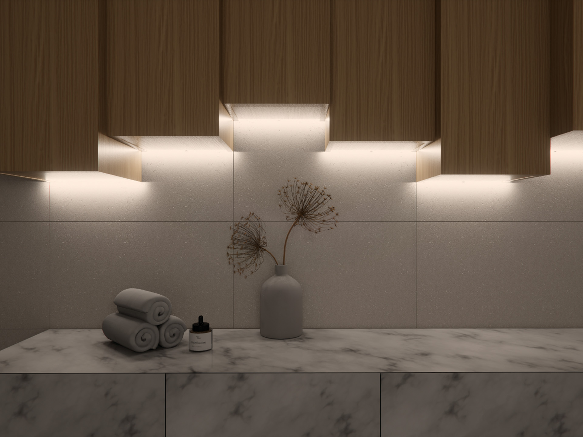 Stiligt - En bänkskiva i marmor med rullade handdukar, en flaska och en vas med torkade blommor; träskåp ovanför har inbyggd belysning som lyser upp kaklade väggar, perfekt fångad i denna 3D-visualisering.
